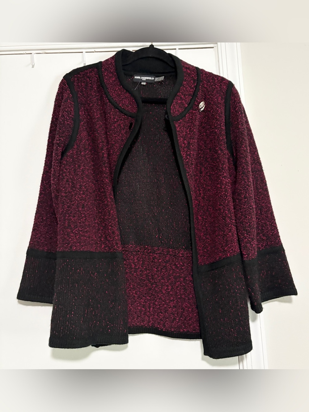 Karl Lagerfeld Black & Burgundy Open-Front Knit Jacket
